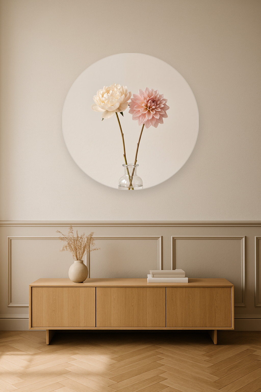 Quiet Duet ronde wanddecoratie in modern interieur