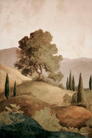 Décoration murale Wandkraft : Œuvre murale sereine avec collines vallonnées, cyprès et montagnes sous un grand arbre, dans des tons naturels apaisants. pour un intérieur élégant