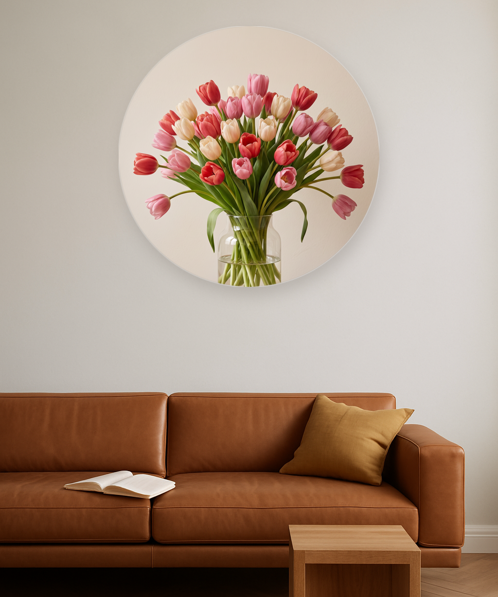 Tulip Season ronde wanddecoratie in modern interieur