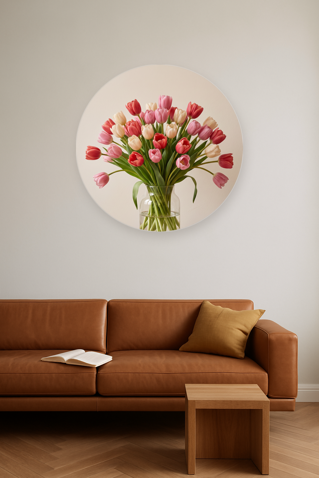 Tulip Season ronde wanddecoratie in modern interieur