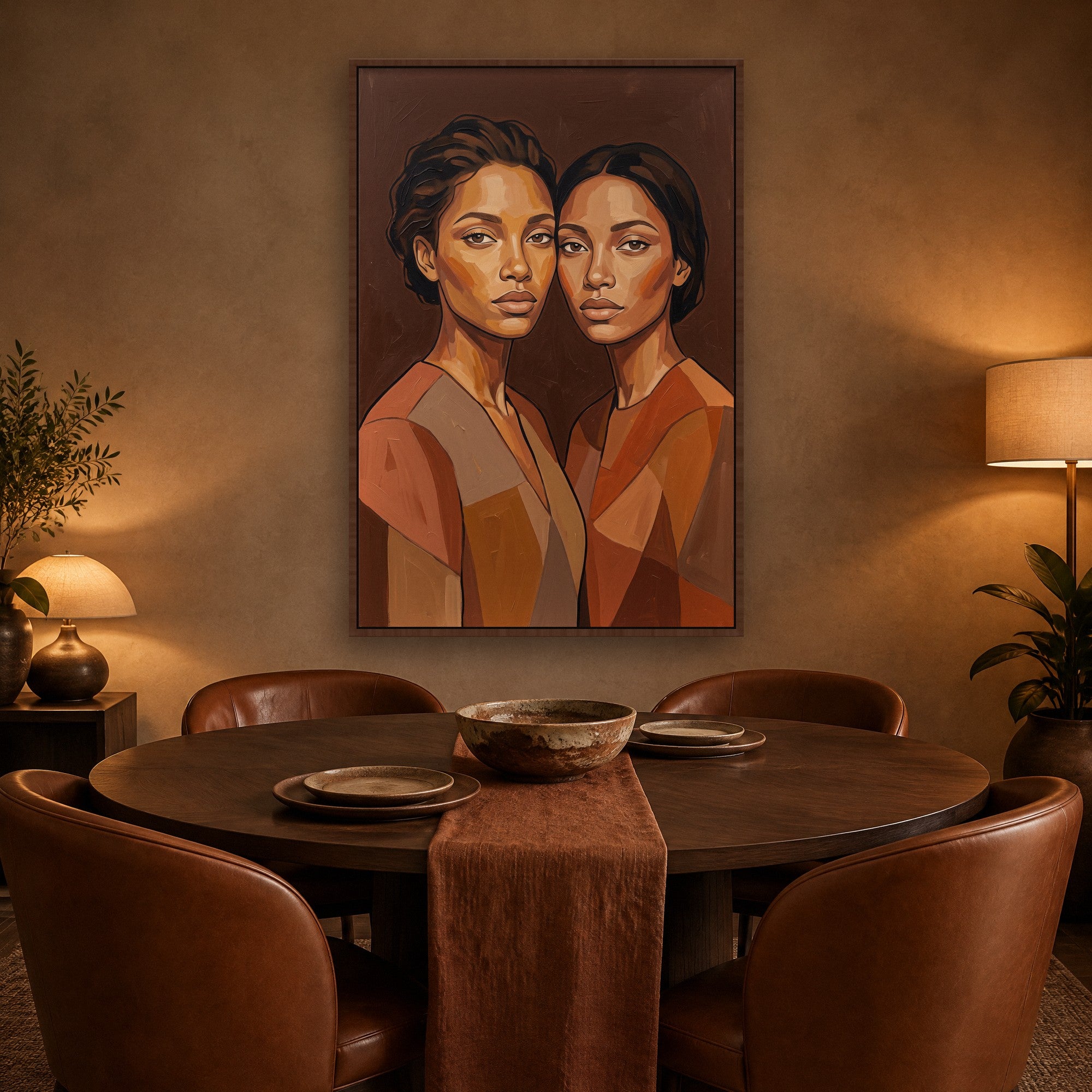 Almost Twins Stimmungsbild mit kastanienbraunem Schattenfugenrahmen im warmen Esszimmer