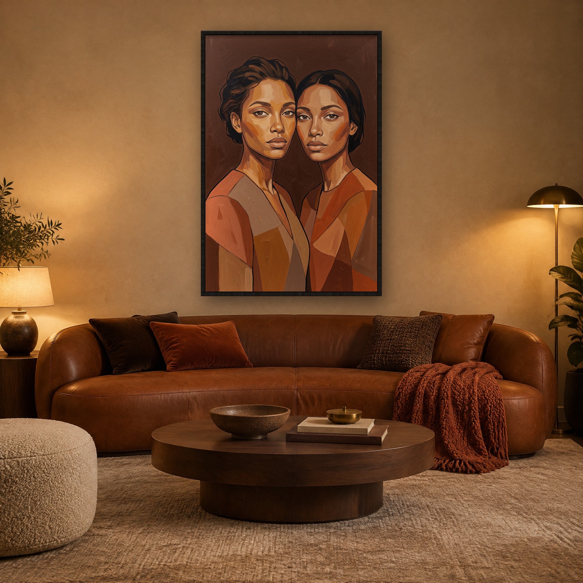 Almost Twins Stimmungsbild mit schwarzem Schattenfugenrahmen im warmen Wohnzimmer