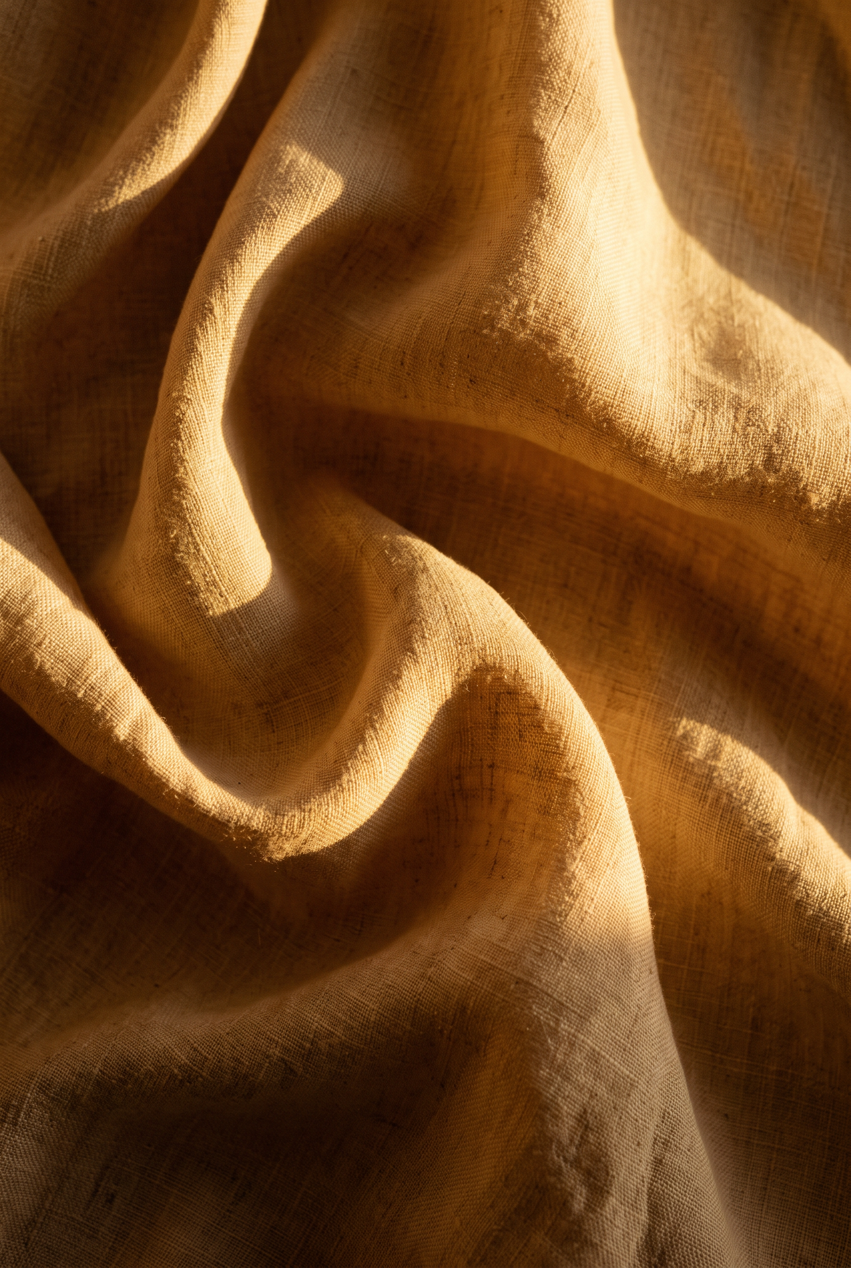 Amber Folds - abstract schilderij van goudkleurige linnen plooien in warm licht