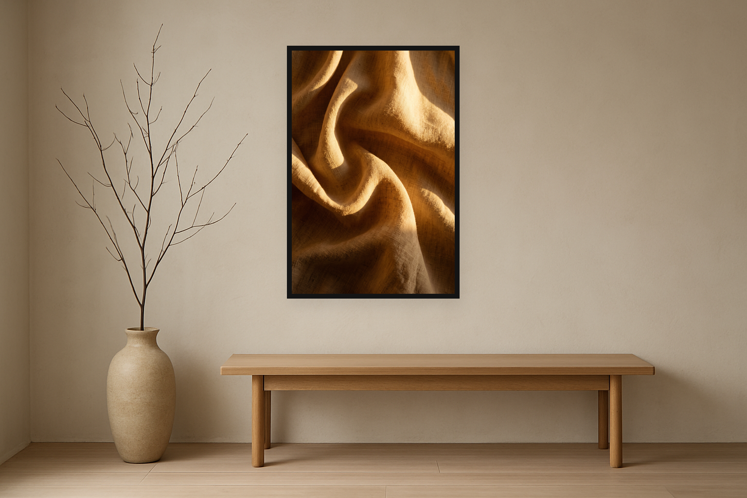 Amber Folds van Wandkraft op canvas in zwarte baklijst, in een licht Japandi interieur.