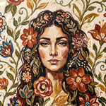 Amber Gaze wanddecoratie van Wandkraft: een sereen vrouwelijk portret met los vallend golvend haar, kalme directe blik, omringd door decoratieve folk-art bloemen in verschillende kleuren en groene bladranken die het hele vlak vullen, in warme aardetinten en terracotta tegen een lichte cremekleurige ondergrond, met okergeel, gebrand sienna, olijfgroen blad en echte goudblad-accenten.