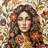 Amber Gaze wanddecoratie van Wandkraft: een sereen vrouwelijk portret met los vallend golvend haar, kalme directe blik, omringd door decoratieve folk-art bloemen in verschillende kleuren en groene bladranken die het hele vlak vullen, in warme aardetinten en terracotta tegen een lichte cremekleurige ondergrond, met okergeel, gebrand sienna, olijfgroen blad en echte goudblad-accenten.