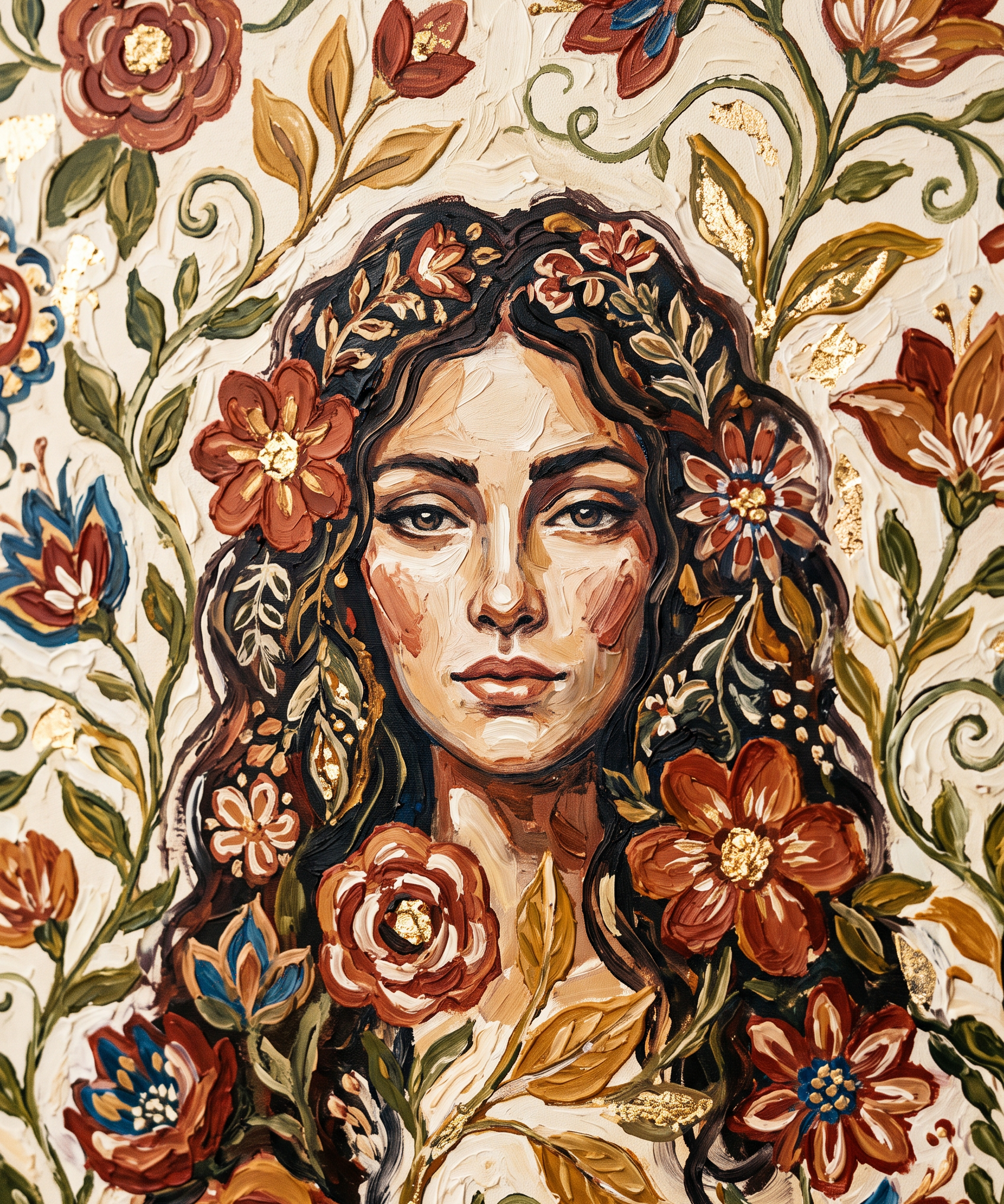 Amber Gaze wanddecoratie van Wandkraft: een sereen vrouwelijk portret met los vallend golvend haar, kalme directe blik, omringd door decoratieve folk-art bloemen in verschillende kleuren en groene bladranken die het hele vlak vullen, in warme aardetinten en terracotta tegen een lichte cremekleurige ondergrond, met okergeel, gebrand sienna, olijfgroen blad en echte goudblad-accenten.