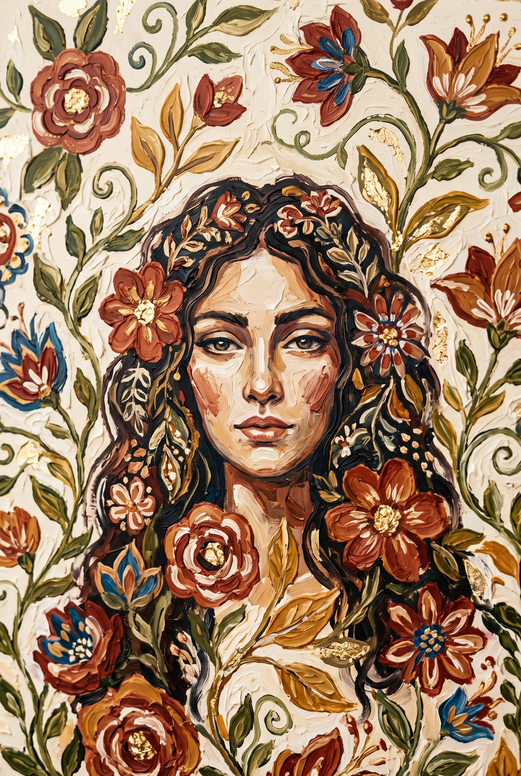 Amber Gaze wanddecoratie van Wandkraft: een sereen vrouwelijk portret met los vallend golvend haar, kalme directe blik, omringd door decoratieve folk-art bloemen in verschillende kleuren en groene bladranken die het hele vlak vullen, in warme aardetinten en terracotta tegen een lichte cremekleurige ondergrond, met okergeel, gebrand sienna, olijfgroen blad en echte goudblad-accenten.