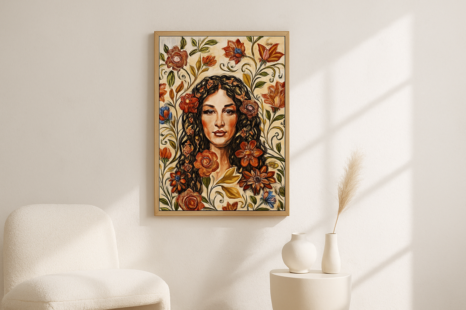 Amber Gaze van Wandkraft op canvas in blanke baklijst, in een licht Scandinavisch interieur.