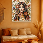 Amber Gaze van Wandkraft op canvas in blanke baklijst, in een warm bohemian interieur.