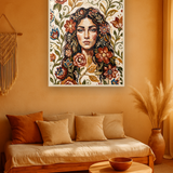Amber Gaze van Wandkraft op canvas in blanke baklijst, in een warm bohemian interieur.