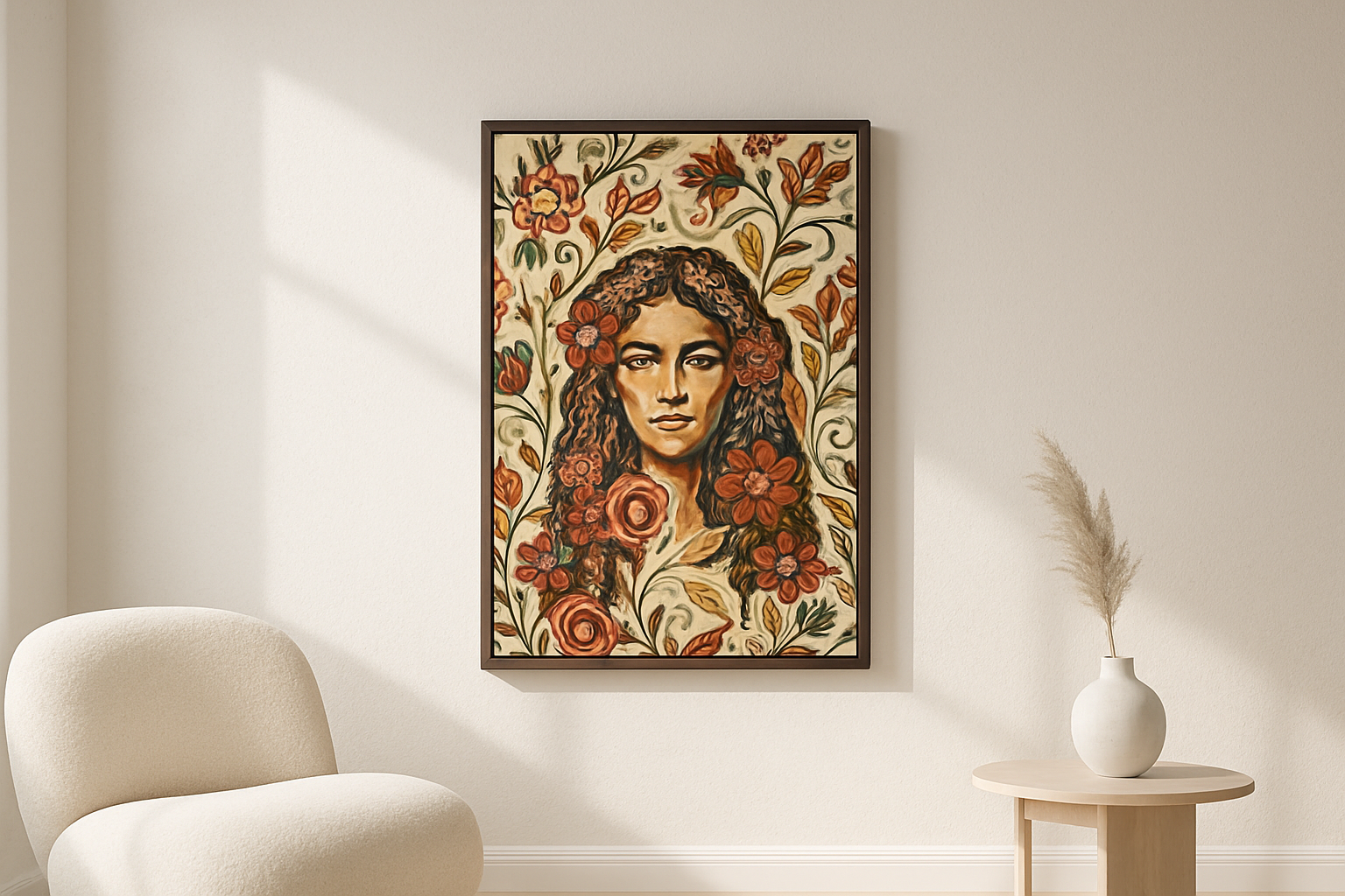 Amber Gaze van Wandkraft op canvas in wenge baklijst, in een licht Scandinavisch interieur.