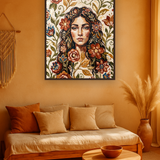 Amber Gaze van Wandkraft op canvas in wenge baklijst, in een warm bohemian interieur.