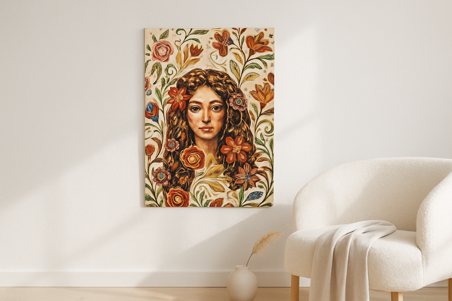 Amber Gaze van Wandkraft op canvas zonder lijst, vlak aan de muur, in een licht Scandinavisch interieur.