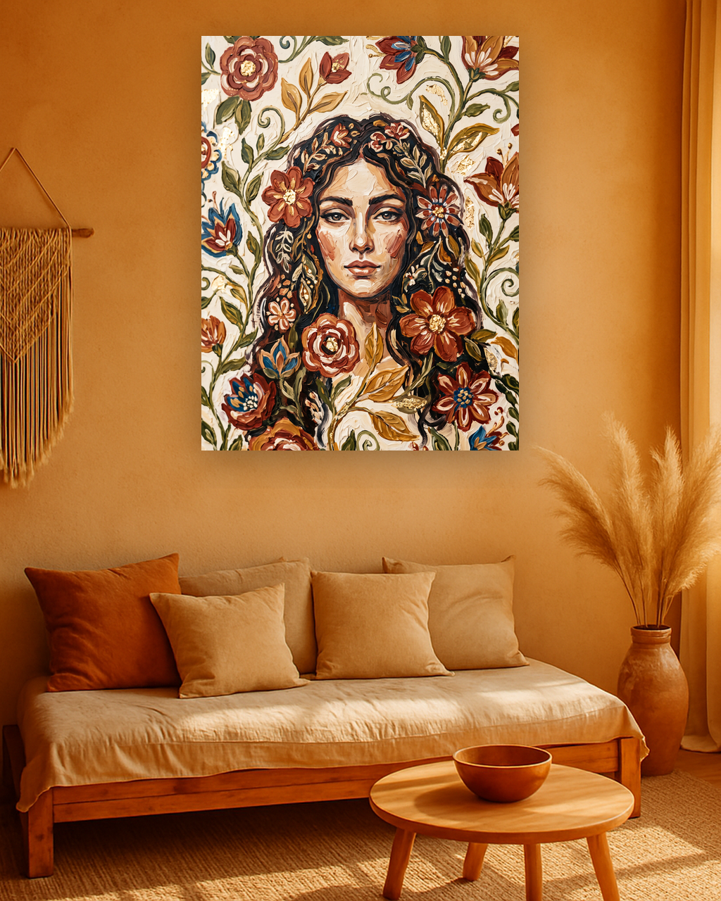 Amber Gaze van Wandkraft op canvas zonder lijst, vlak aan de muur, in een warm bohemian interieur.