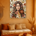 Amber Gaze van Wandkraft op canvas zonder lijst, vlak aan de muur, in een warm bohemian interieur.