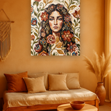 Amber Gaze van Wandkraft op canvas zonder lijst, vlak aan de muur, in een warm bohemian interieur.