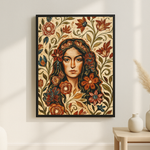 Amber Gaze van Wandkraft op canvas in zwarte baklijst, in een licht Scandinavisch interieur.
