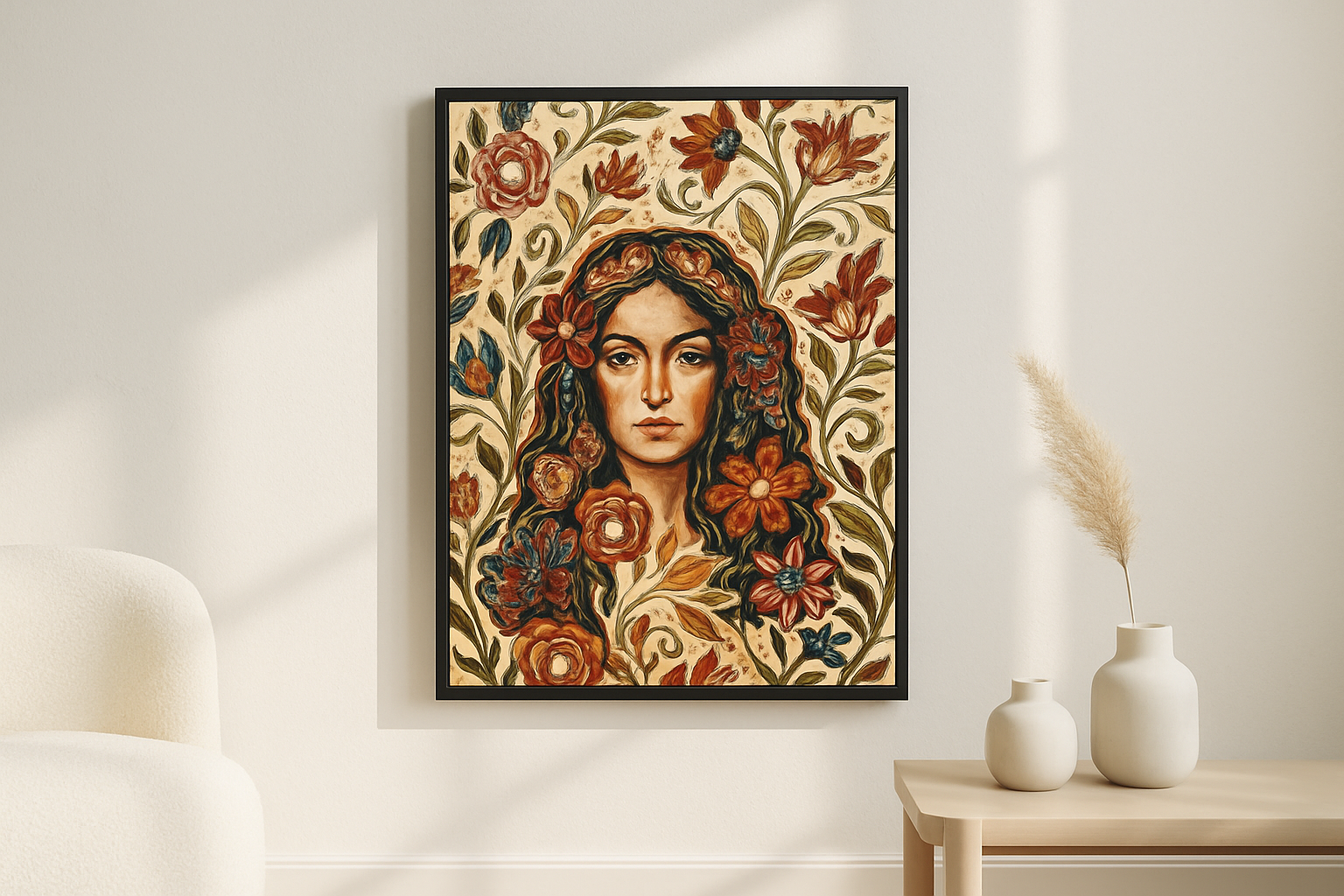 Amber Gaze van Wandkraft op canvas in zwarte baklijst, in een licht Scandinavisch interieur.