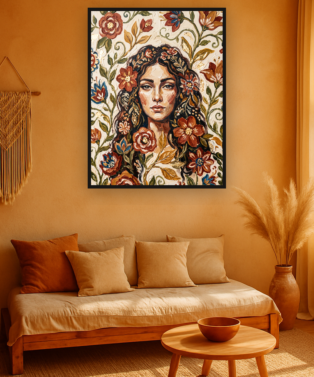 Amber Gaze van Wandkraft op canvas in zwarte baklijst, in een warm bohemian interieur.