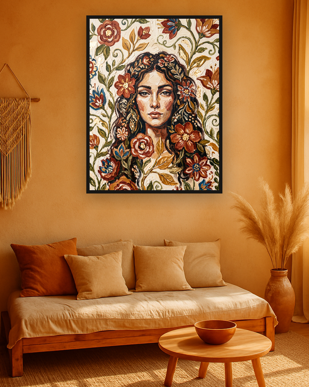 Amber Gaze van Wandkraft op canvas in zwarte baklijst, in een warm bohemian interieur.