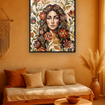 Amber Gaze van Wandkraft op canvas in zwarte baklijst, in een warm bohemian interieur.