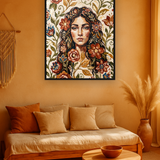 Amber Gaze van Wandkraft op canvas in zwarte baklijst, in een warm bohemian interieur.