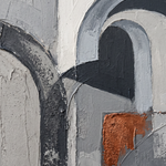 Arch Light wanddecoratie van Wandkraft: een abstracte architectonische compositie van bogen, schaduwvlakken en strakke lijnen, in diep antraciet, warm beton, gebrand koper, gebroken wit.