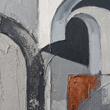 Arch Light wanddecoratie van Wandkraft: een abstracte architectonische compositie van bogen, schaduwvlakken en strakke lijnen, in diep antraciet, warm beton, gebrand koper, gebroken wit.