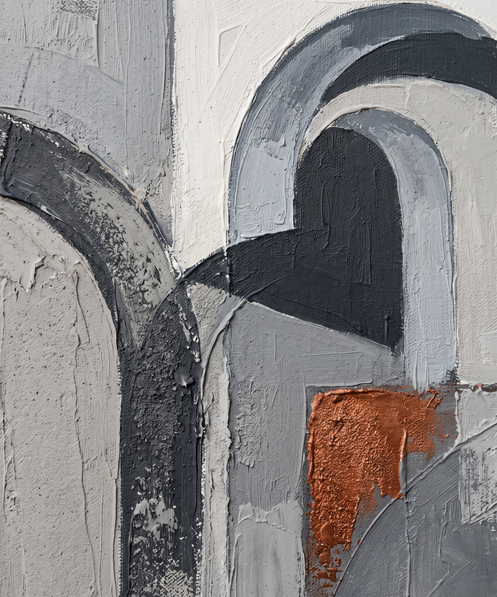 Arch Light wanddecoratie van Wandkraft: een abstracte architectonische compositie van bogen, schaduwvlakken en strakke lijnen, in diep antraciet, warm beton, gebrand koper, gebroken wit.