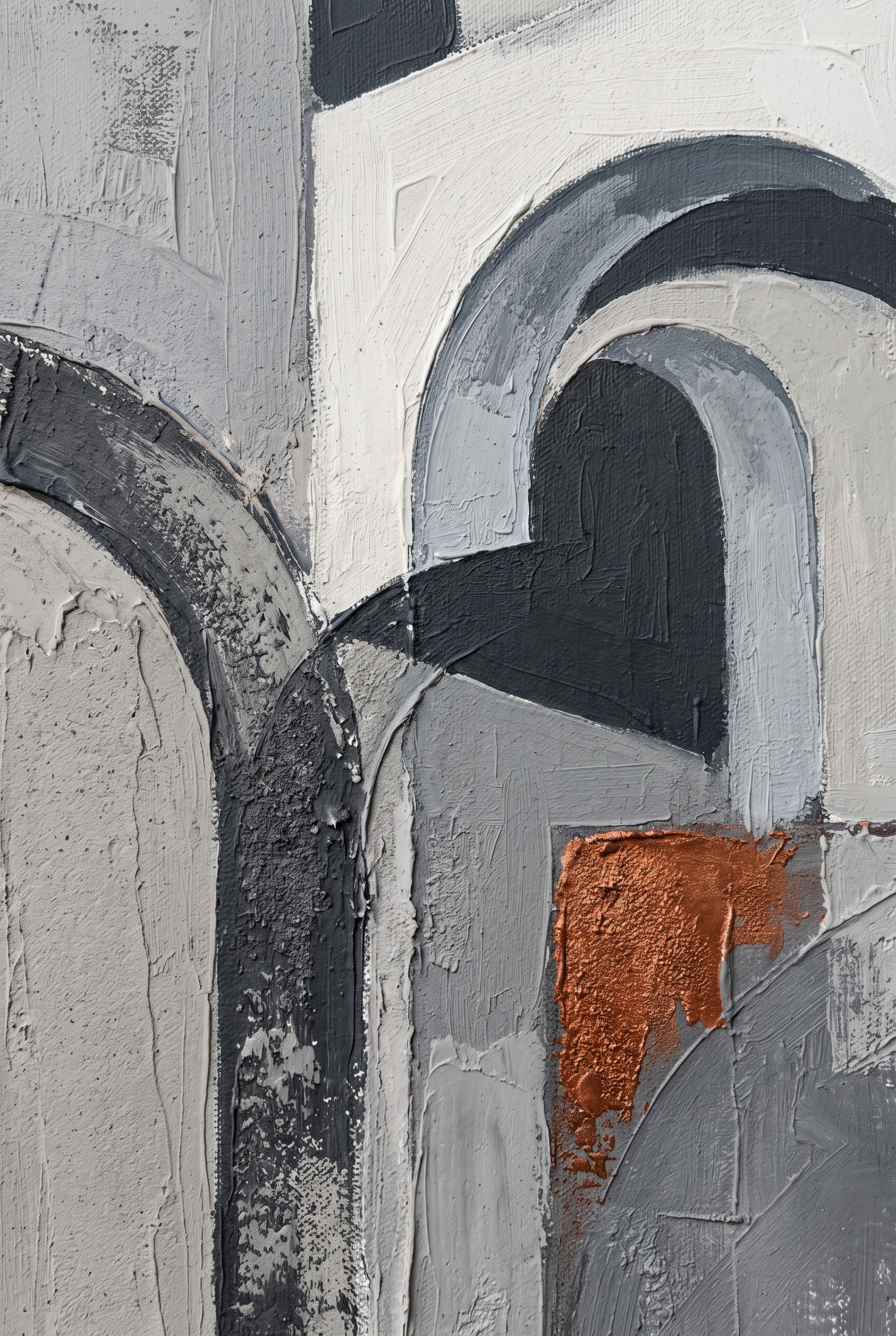 Arch Light wanddecoratie van Wandkraft: een abstracte architectonische compositie van bogen, schaduwvlakken en strakke lijnen, in diep antraciet, warm beton, gebrand koper, gebroken wit.