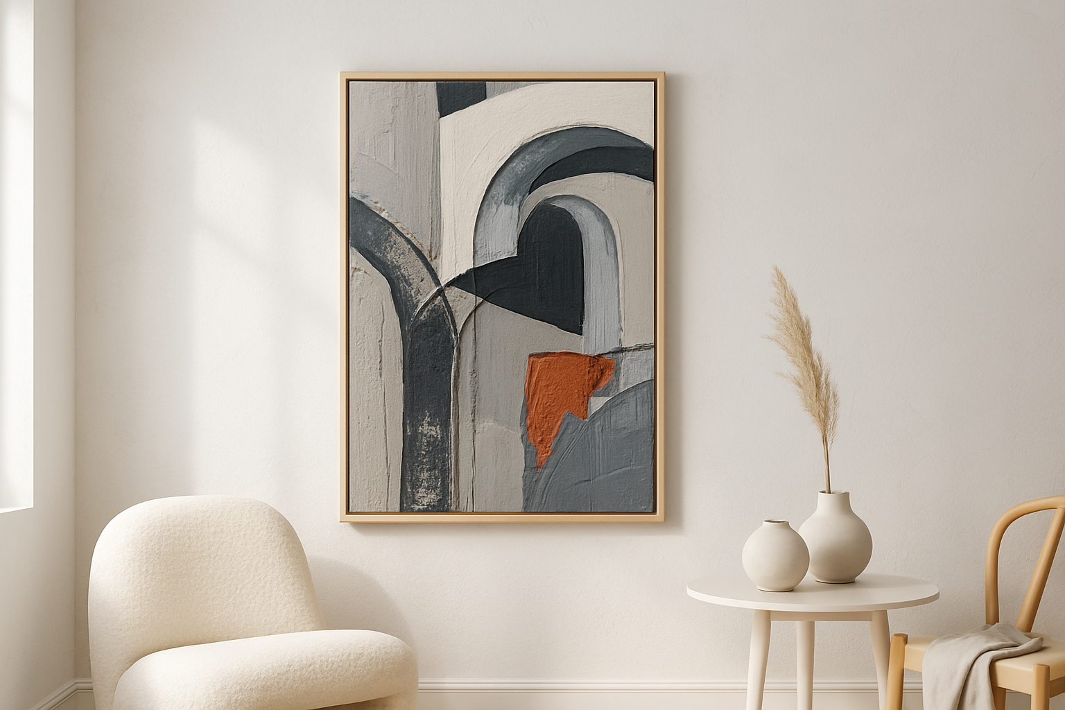 Arch Light van Wandkraft op akoestisch vilt in blanke baklijst, in een licht Scandinavisch interieur.