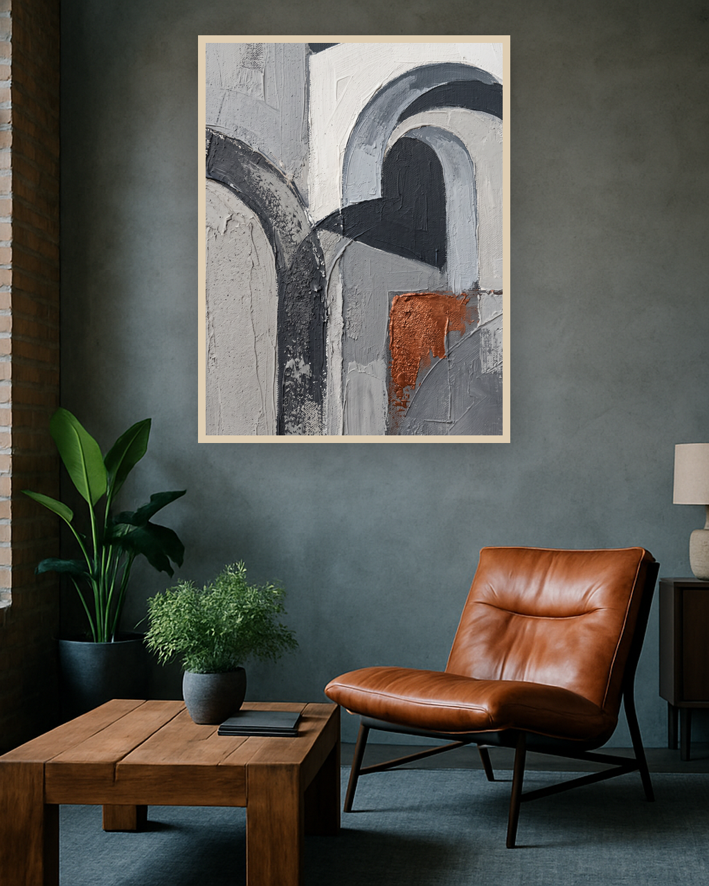Arch Light van Wandkraft op akoestisch vilt in blanke baklijst, in een industrieel loft interieur.