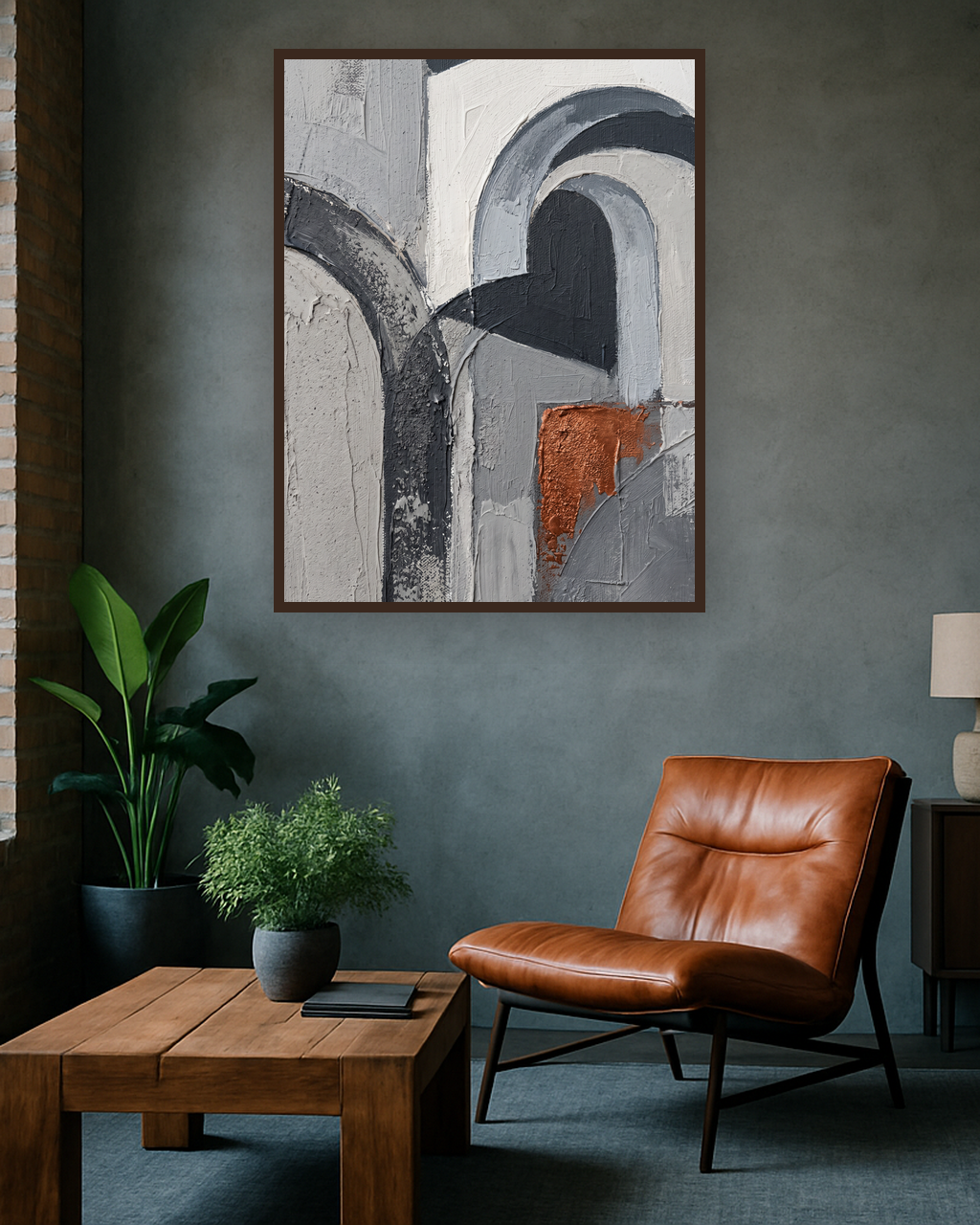 Arch Light van Wandkraft op akoestisch vilt in wenge baklijst, in een industrieel loft interieur.