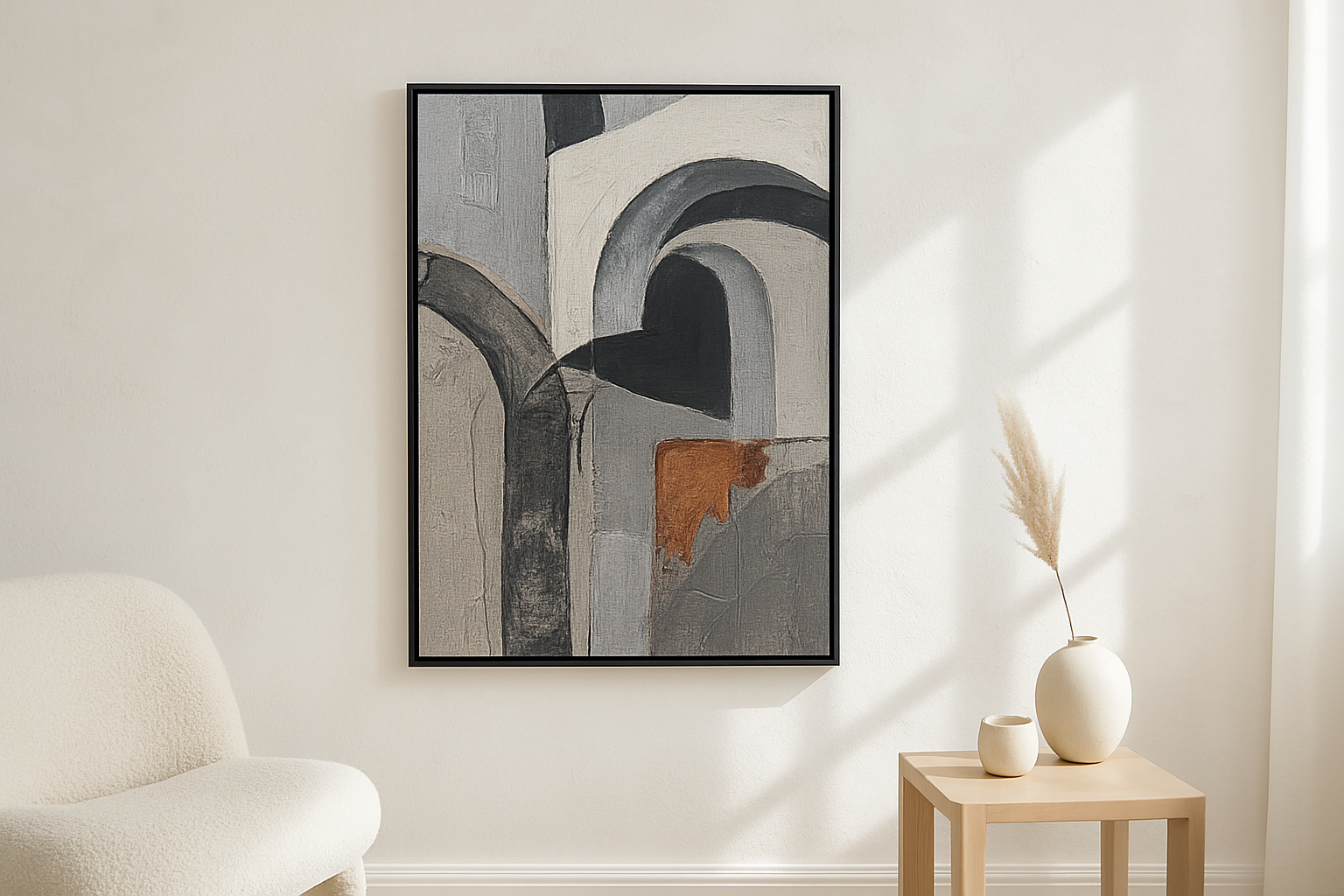 Arch Light van Wandkraft op akoestisch vilt in zwarte baklijst, in een licht Scandinavisch interieur.