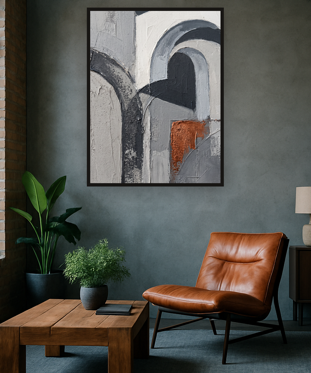 Arch Light van Wandkraft op akoestisch vilt in zwarte baklijst, in een industrieel loft interieur.