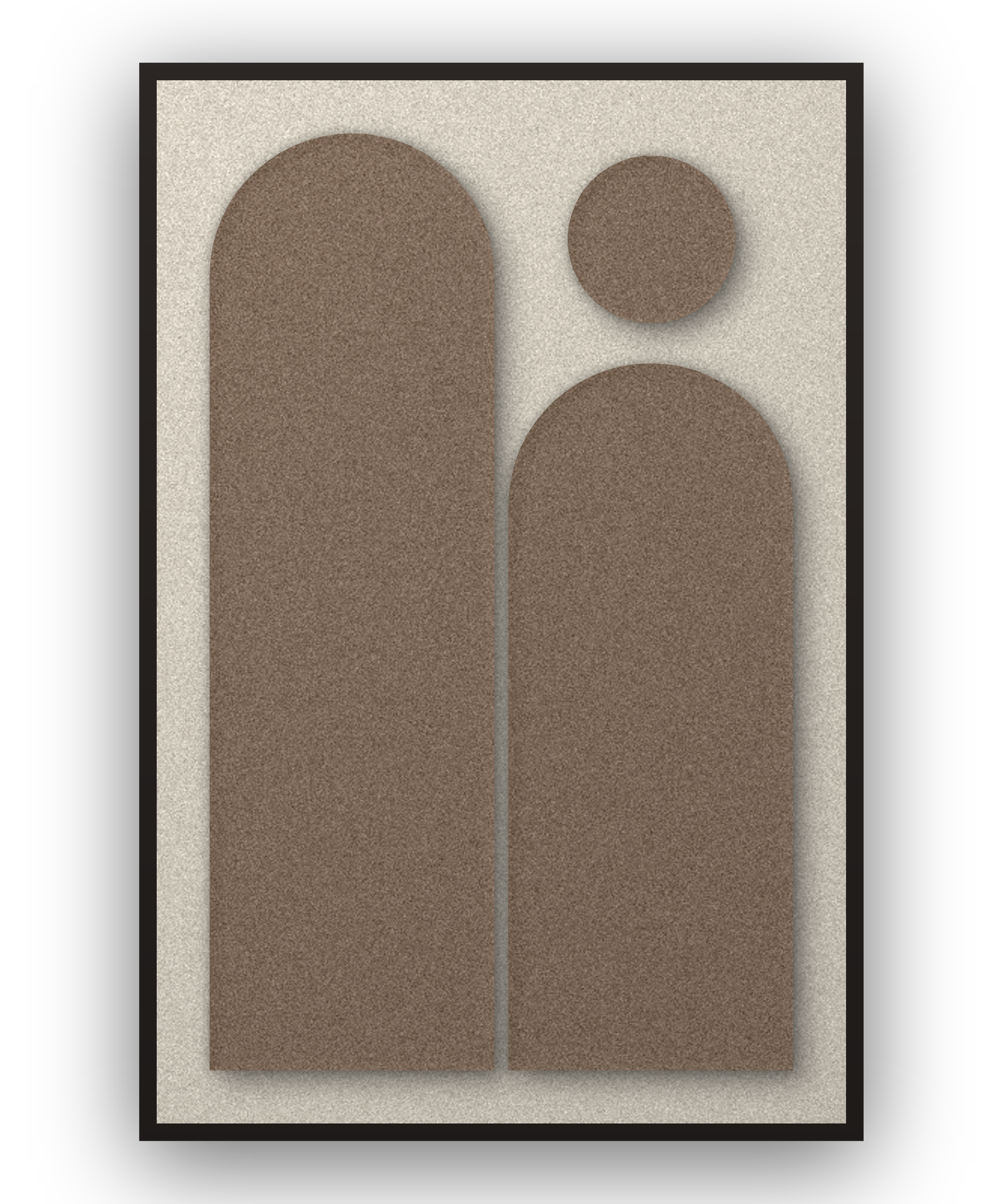 Arch Gate Cocoa Akustikfilz-Paneel mit aufgesetzten Elementen in Kaffeebraun auf Elfenbein, schwarzer Schattenfugenrahmen