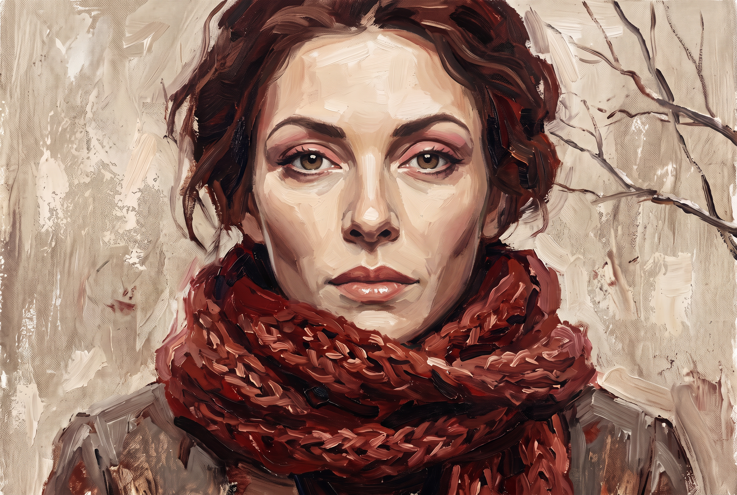 Auburn Frost - winterportret kastanjebruin haar bordeaux sjaal wanddecoratie