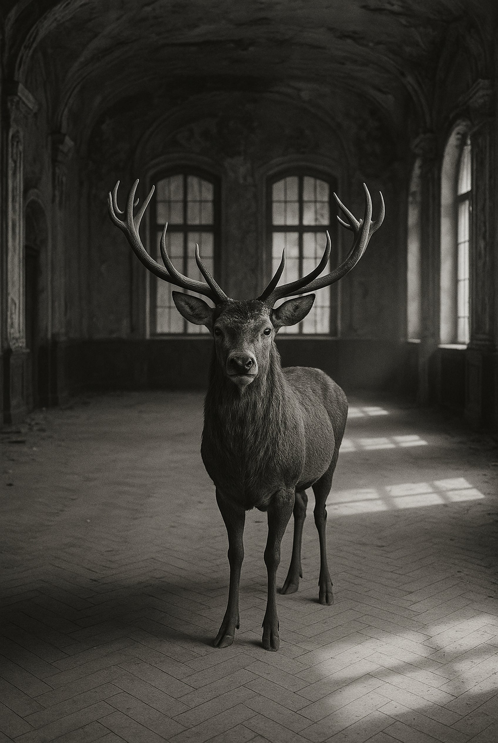 Ballroom Stag - zwart-wit dierportret, Wandkraft
