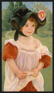 Wandkraft wanddecoratie: Schilderij van een meisje in zwarte hoed en rode jurk, staand in groene tuin. Impressionistische wanddecoratie door Mary Cassatt. voor een stijlvol interieur