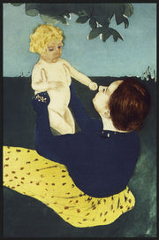Wandkraft Wanddekoration: Gemälde einer Frau im gelben Kleid, die draußen ein Kind mit lockigem blondem Haar hält, impressionistischer Stil. Für ein stilvolles Interieur