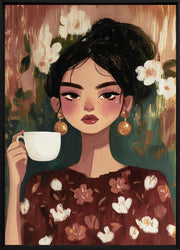 Floral Pause décoration murale : portrait de femme aux cheveux foncés, boucles d'oreilles dorées, tasse de thé blanche et robe fleurie