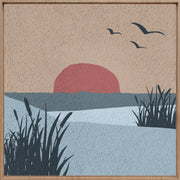 Décoration murale Wandkraft : peinture minimaliste au soleil rouge, collines bleues et oiseaux, cadre en bois, décoration murale moderne, ambiance sereine. Pour un intérieur élégant