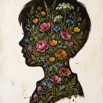 Bloom Within - botanisch schilderij van een kindsilhouet gevuld met wilde bloemen