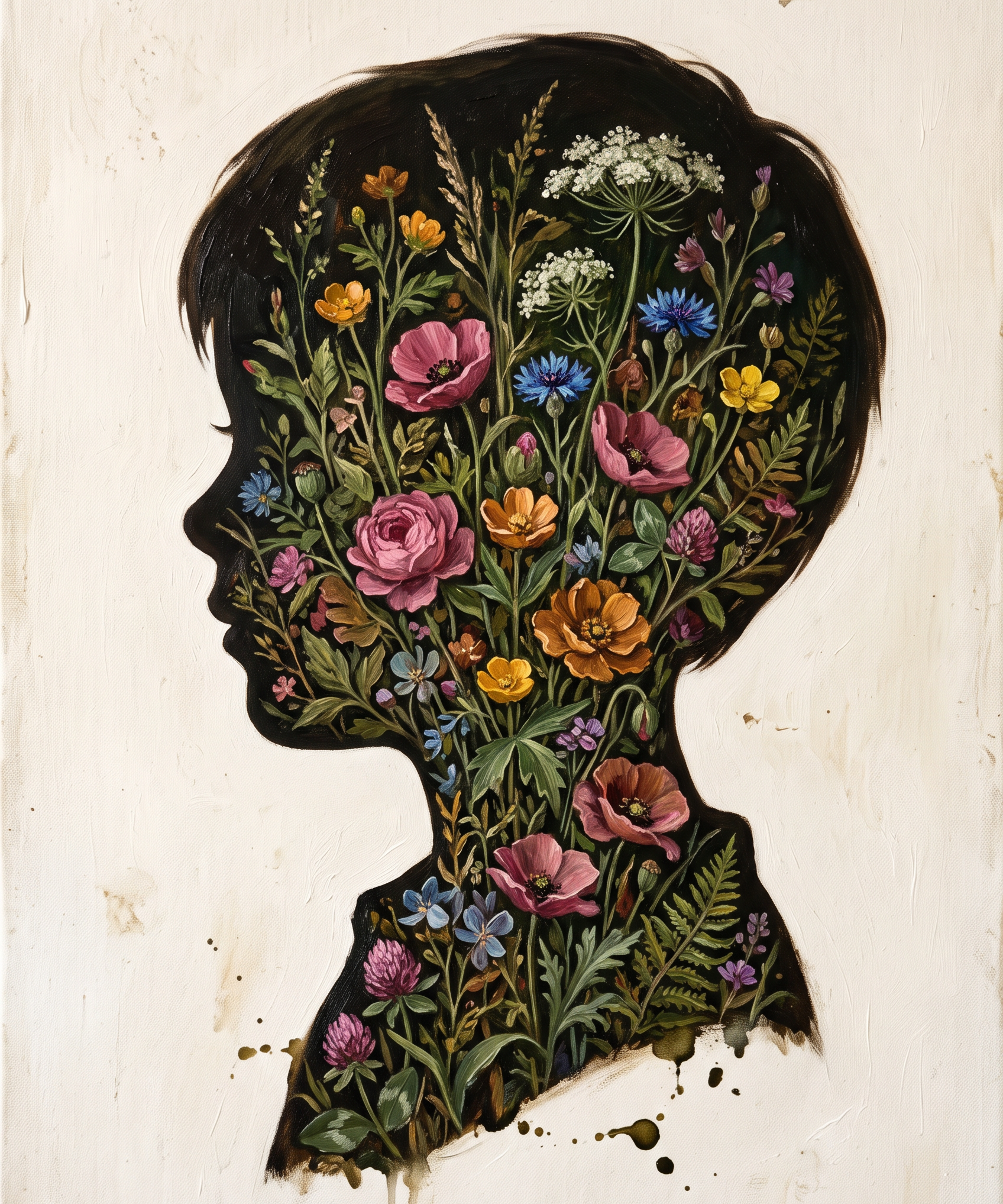 Bloom Within - botanisch schilderij van een kindsilhouet gevuld met wilde bloemen