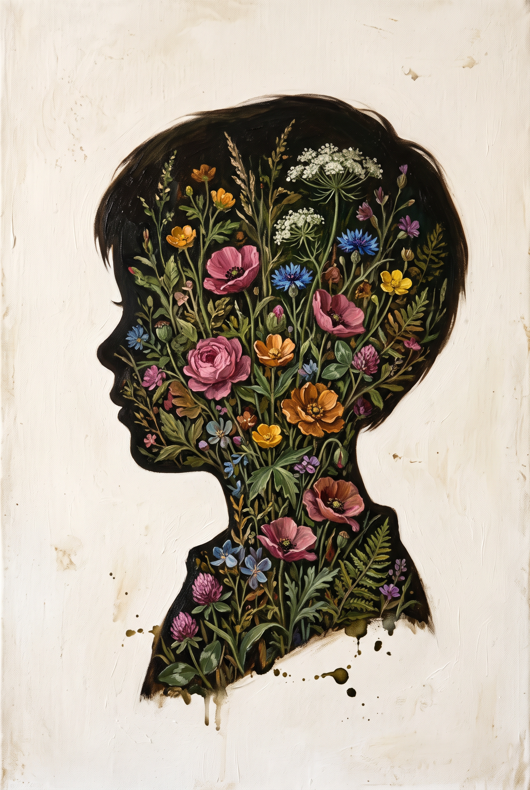 Bloom Within - botanisch schilderij van een kindsilhouet gevuld met wilde bloemen