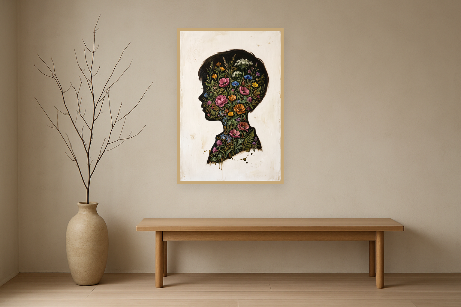 Bloom Within van Wandkraft op canvas in blanke baklijst, in een licht Japandi interieur.