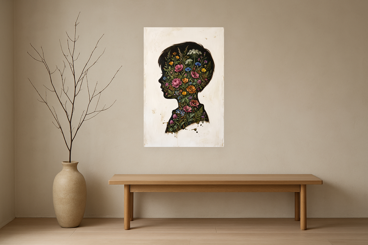 Bloom Within van Wandkraft op canvas zonder lijst, vlak aan de muur, in een licht Japandi interieur.