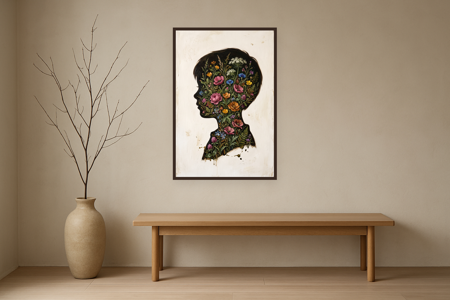 Bloom Within van Wandkraft op canvas in wenge baklijst, in een licht Japandi interieur.