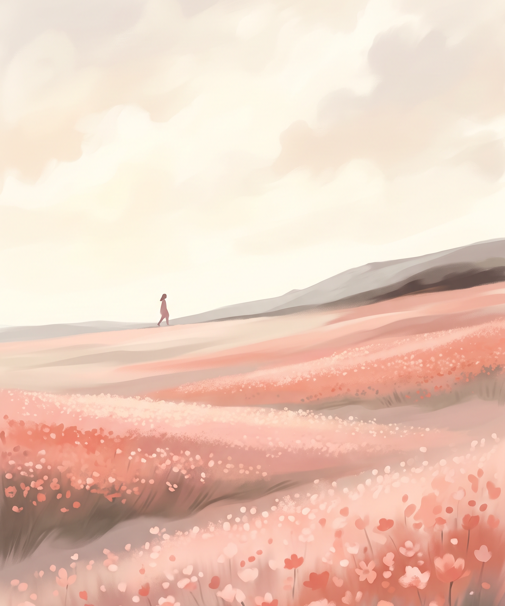 Blossom Field - wandelaar in roze bloemenveld, Wandkraft